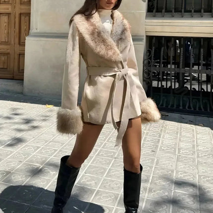 Women Faux Fur Collar Belted Waist Short Coat Elegant Furry Cuff Lapel Wrap Winter Outerwear