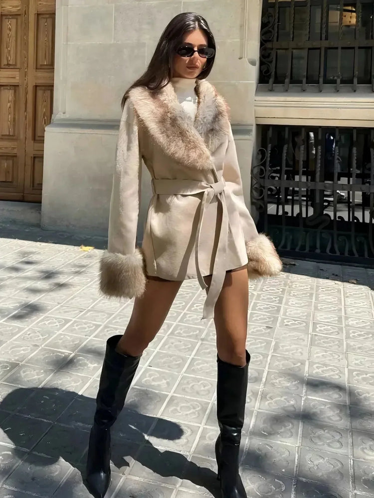 Women Faux Fur Collar Belted Waist Short Coat Elegant Furry Cuff Lapel Wrap Winter Outerwear