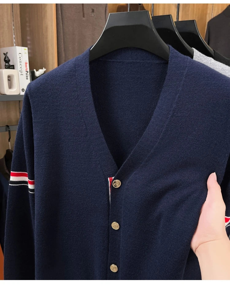 High End Brand Knitted Cardigan Men's Autumn Trend Color Blocked Striped Designer New shawl Korean Casual V-Neck sweater Coat