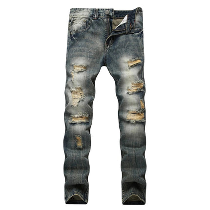 Casual Men's Light Blue Denim Jeans Ripped Straight Leg Slim Fit Non-Elastic Torn Casual Style Chinese Production PlatiNum