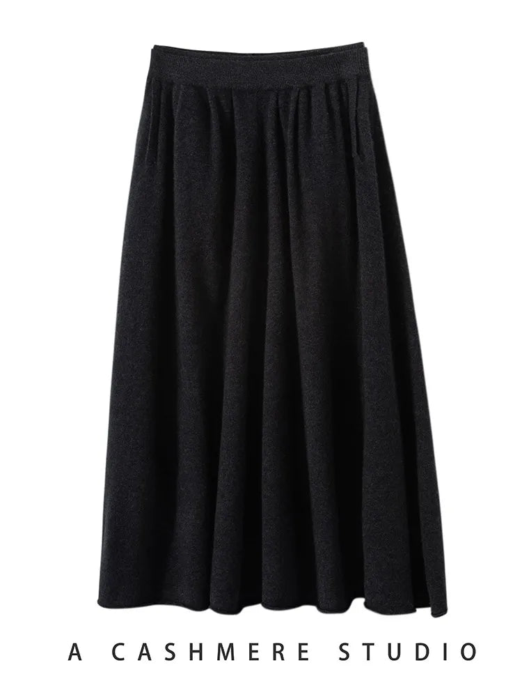 Classic Autumn Winter Wave Skirt 100% Cashmere Skirt Women A-Line Skirt Female Double Elastic Waist Pocket Warm Knit Long Dress PlatiNum