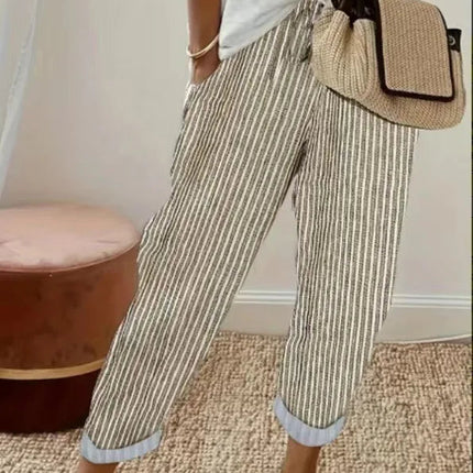 Pantaloni casual con coulisse in vita elastica stampata a righe larghe alla moda da donna europea e americana transfrontaliera estiva platinumshop