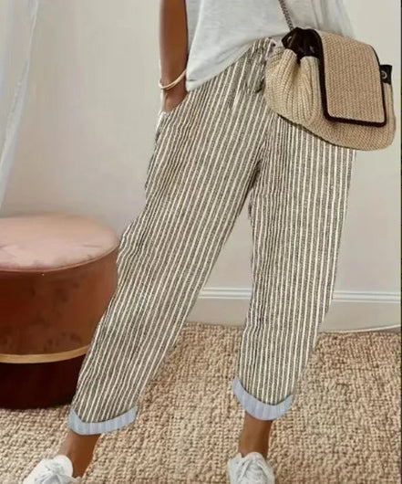 Pantaloni casual con coulisse in vita elastica stampata a righe larghe alla moda da donna europea e americana transfrontaliera estiva platinumshop