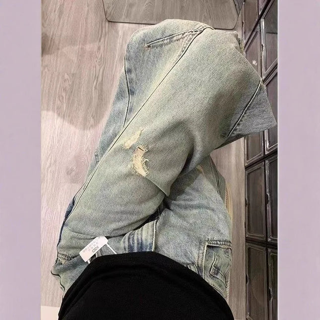 Women's Vintage High-Waisted Distressed Jeans, Loose Straight-Leg Long Pants for Spring and Autumn