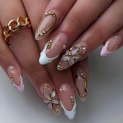 24pcs Pink Flower Almond Press on Nails Kawaii False Nails Wearable Stick-on Nails Fake Nail Uñas Postizas Накладные Ногти 네일팁2028