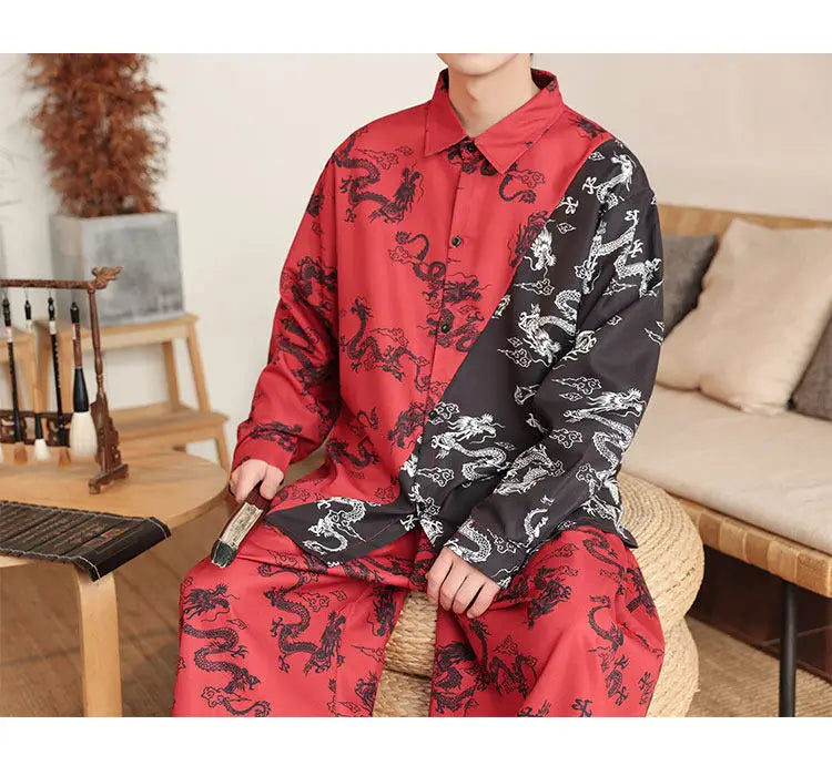 Camicie in Stile Cinese per Uomo, Nuove Camicie Retrò con Drago Rosso, Comode e Casual, Abbigliamento Tradizionale per Kung Fu e Tai Chi