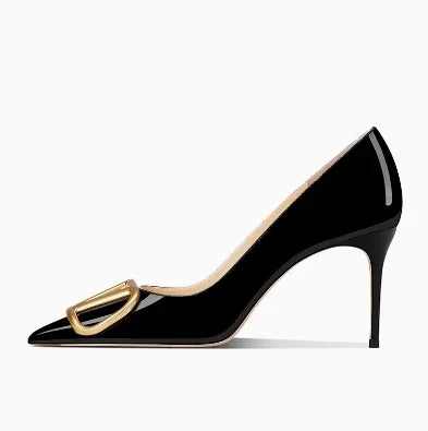 Décolleté alla moda con tacco alto grigio brillante con fibbia a V Sandali primaverili estivi Tacchi a punta in vera pelle