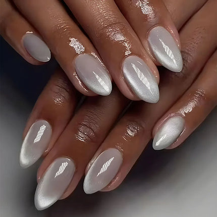 24Pcs Medium Almond Nude‑Pink 3D Textured Metallic Cat‑Eye French Sheer Press‑On False Nails For Nail Art Decor