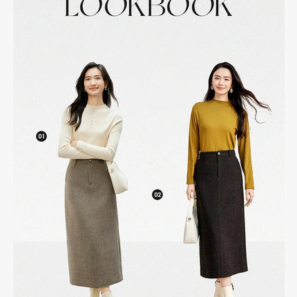 SENTUBILA Straight Wool Skirt Women 2025 Winter Vintage Elegant Tweed High-waist Slit-hem Temperament Long Skirts 144Q56942 PlatiNum
