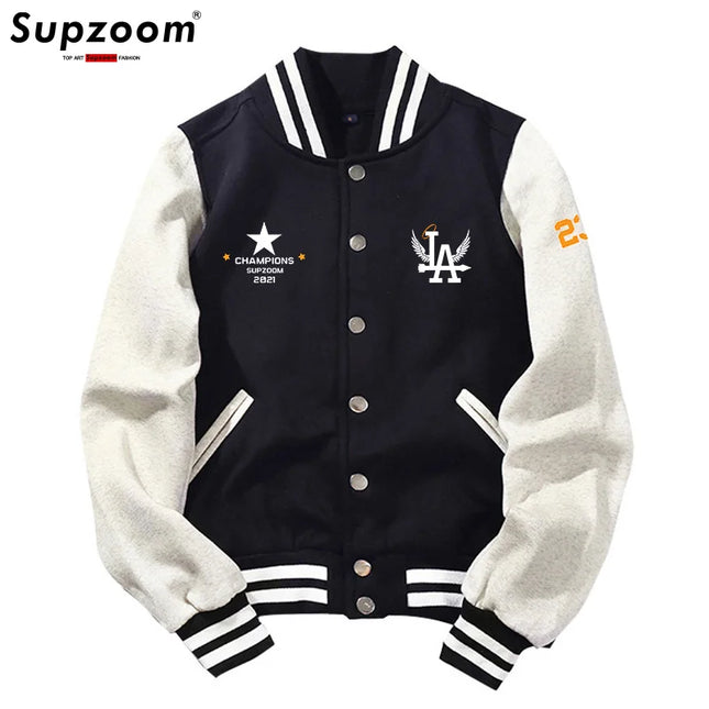 Supzoom New Arrival Letter Rib Sleeve Cotton Top Fashion Logo Single Breasted Casual Print Baseball Jacket Loose Cardigan Coat
