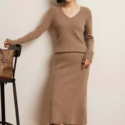 Luxury 100% Cashmere Mid-Calf Pencil Skirt Simple Basic Style Women Solid Color Autumn Winter High Waist Slimming Knitted Skirt PlatiNum