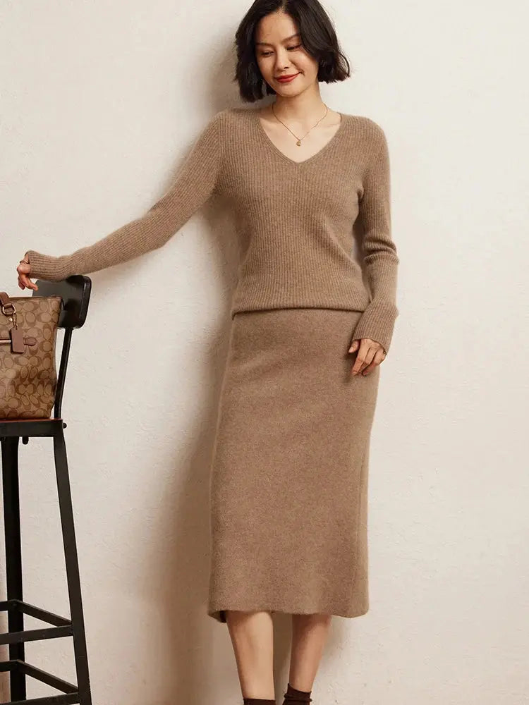 Luxury 100% Cashmere Mid-Calf Pencil Skirt Simple Basic Style Women Solid Color Autumn Winter High Waist Slimming Knitted Skirt PlatiNum