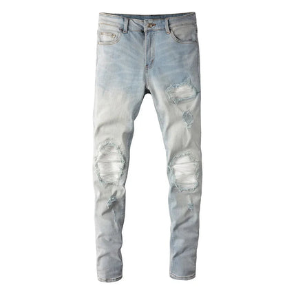 Men Pale Light Blue Biker Jeans Cracked Pleated Patch Patchwork Stretch Denim Pants Streetwear Holes Ripped Skinny Trousers PlatiNum