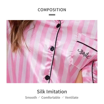 Pigiama da donna in raso con stampa a righe Victoria Autunno Manica lunga Bottoni Risvolto Top e pantaloni Indumenti da notte Comfort Indumenti da notte dalla vestibilità rilassata