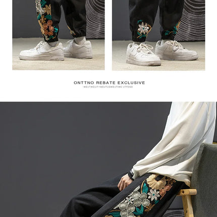 Pantaloni casual alla moda Abbigliamento da uomo Cotone Samurai giapponese Ricamo Patchwork Pantaloni Harem Pantaloni Harajuku oversize da uomo
