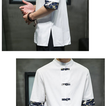 Camicia Kimono giapponese da uomo cinese retrò stampa casual cotone lino cuciture top a maniche corte estate uomo di alta qualità streetwear