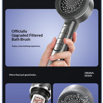 Soffione doccia autopulente a 4 modalità con spazzola in silicone, arresto acqua con un tasto, massaggio ad alta pressione, soffione in ABS con filtro