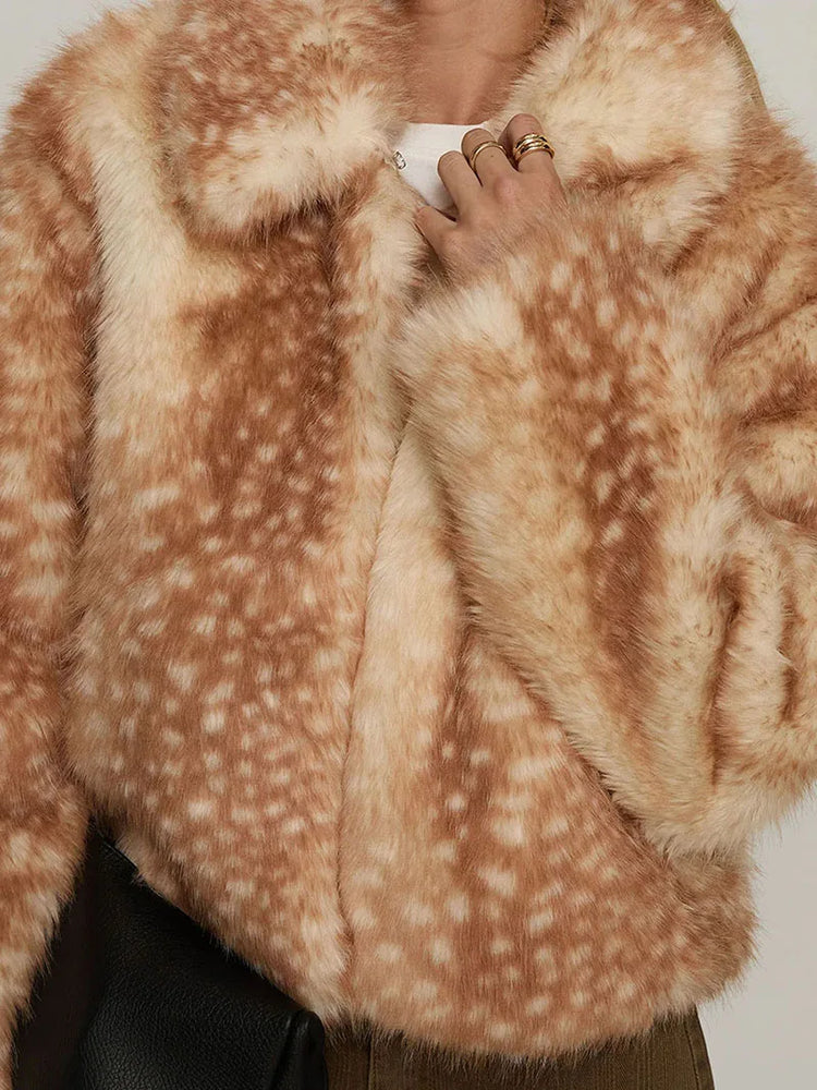 ZADORIN Chic Turn Down Collar Deer-print Cropped Fluffy Faux Fur Coat Woman Elegant Warm Faux Fur Jackets Woman Winter Coat Tops