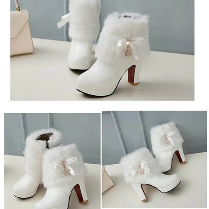 Snow Boots Womens Winter Warm Plush Fashion High Heels Pink White Black Fur Bowt Dress Party Wedding Platform Boots 526-1