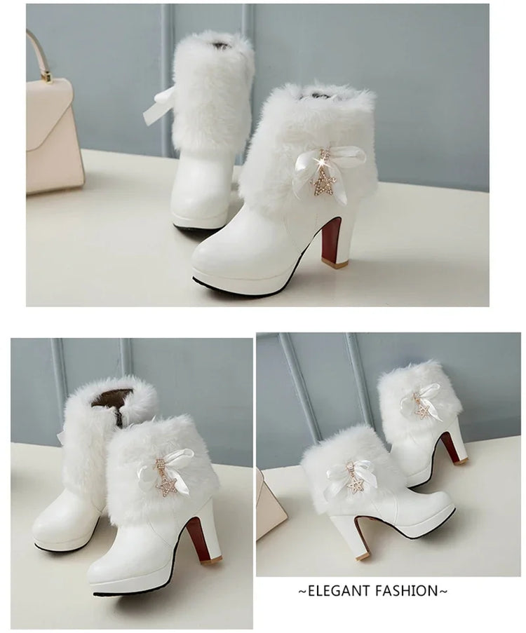 Snow Boots Womens Winter Warm Plush Fashion High Heels Pink White Black Fur Bowt Dress Party Wedding Platform Boots 526-1