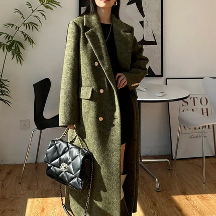 High-end Thick Double-sided Wool Coat Female Fashion Long  Autumn Winter Lapel Double Breasted Wool Coat Women Loose Outerwear