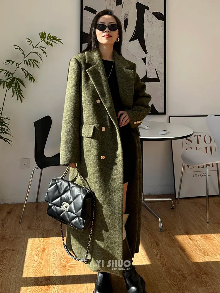 High-end Thick Double-sided Wool Coat Female Fashion Long  Autumn Winter Lapel Double Breasted Wool Coat Women Loose Outerwear