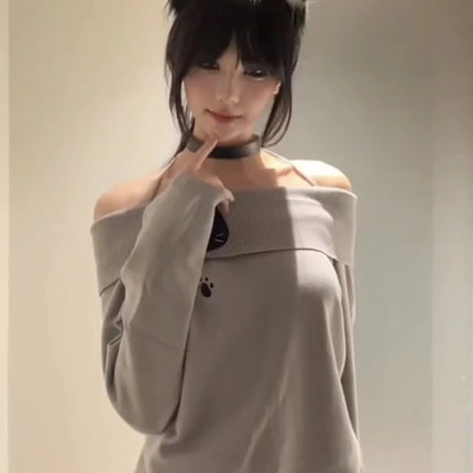 T-shirt con spalle scoperte con ricamo carino T-shirt da donna a maniche lunghe con gatto Kawaii Camicetta basic aderente T-shirt grigie senza spalline