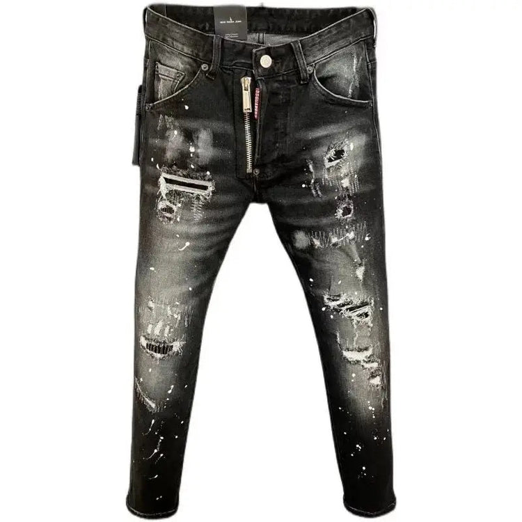 Light Luxury Washed Jeans Men's Trendy Brand Ruffian Handsome Black Ripped Patch Slim Fit Small Feet Casual Long Pants PlatiNum