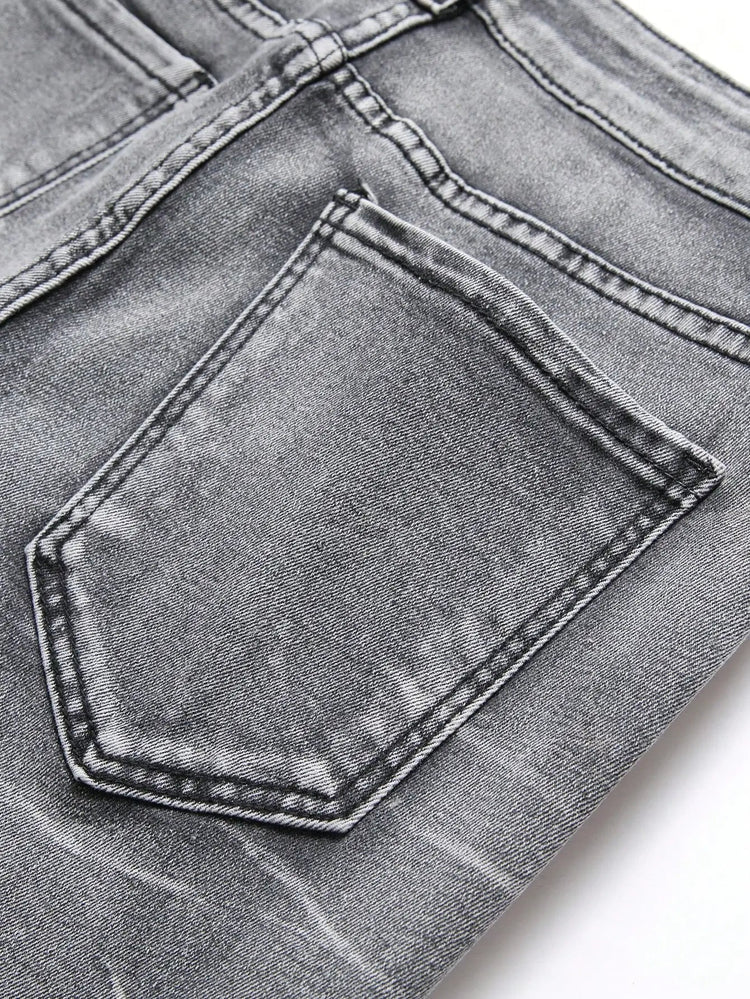 Men‘s Stretchy Denim Jeans Streetwear Tearing Patchwork Holes Ripped Denim Elastic Waist Casual Pants Slim fit Straight Trousers PlatiNum