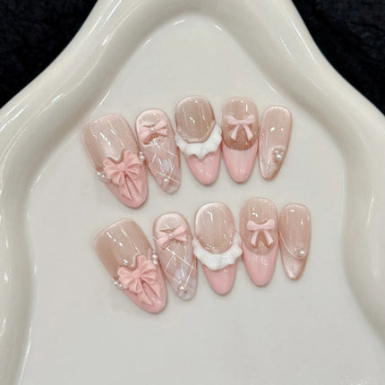 10pcs Handmade Press on Nails French Cat Eye Pink Bow Decor Korean False Nails Wearable Full Cover Ins Almond False Nail Tips 2028