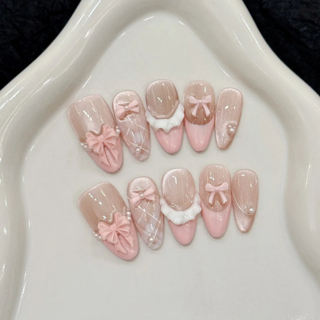 10pcs Handmade Press on Nails French Cat Eye Pink Bow Decor Korean False Nails Wearable Full Cover Ins Almond False Nail Tips 2028