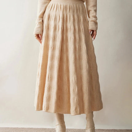 Women Cashmere Skirt A-Line Jacquard Elastic Waist Flared Skirt Autumn Winter 100% Cashmere Knitted Office Lady Curled Hem Dress PlatiNum