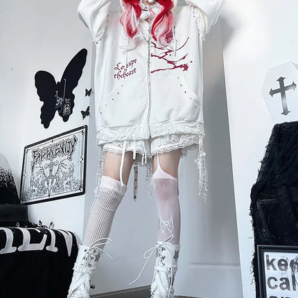 Original Print Subculture Dark Loose Cat Ear Distressed Hooded Sweatshirt Jacket Zip Up Hoodie Oversized Hoodie