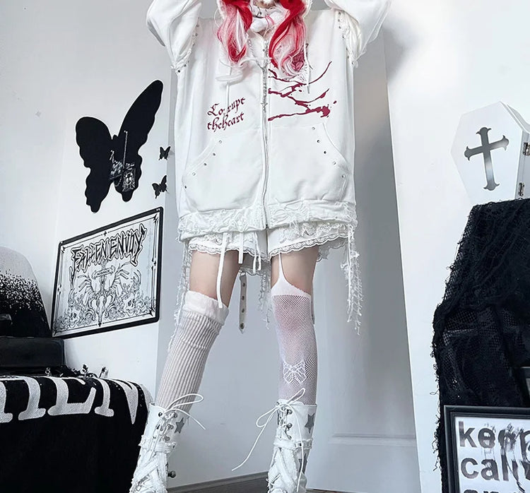 Original Print Subculture Dark Loose Cat Ear Distressed Hooded Sweatshirt Jacket Zip Up Hoodie Oversized Hoodie