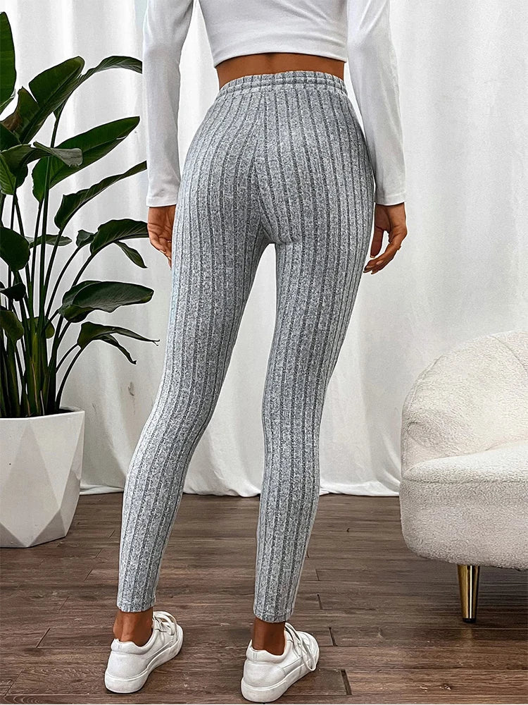 Casual Every Day Stretchy Women Drawstring Leggings High Waist Solid Color Breathable Sports Leggings Soft Comfortable Colthing PlatiNum