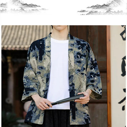 Camicie in Lino Stile Etnico con Stampa Yukata per Uomo e Donna, Abbigliamento Asiatico, Kimono Giapponese Harajuku, Camicie Retrò da Uomo