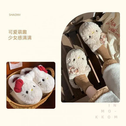 San-Rio Cute Girls Plush Slippers Cartoon Hello Kitty Winter Women Warm Cotton Shoes Female Kawaii Home Thick Sole Shoes Outdoor