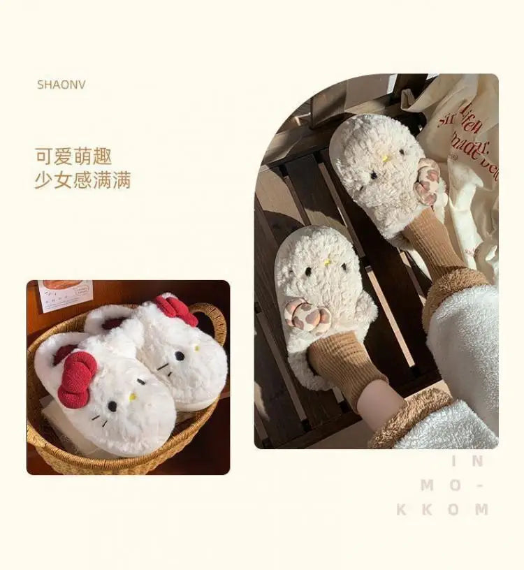 San-Rio Cute Girls Plush Slippers Cartoon Hello Kitty Winter Women Warm Cotton Shoes Female Kawaii Home Thick Sole Shoes Outdoor