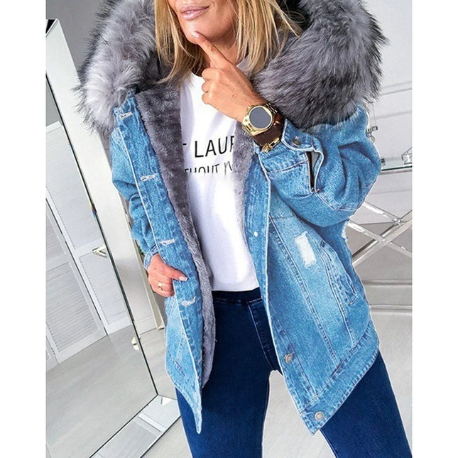 Autumn Women Vintage Hooded Denim Jackets Wth a Large Fluffy Collar Frayed Design Buttoned Overcoat