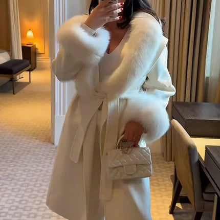 Retro Black Fur Patchwork Woolen Coat Women Chic Full Sleeve V-neck Lace Up Loose Long Overcoat 2025 Lady Winter Commute Outwear
