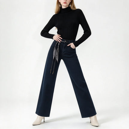 Women’s high-waisted, wide-leg jeans in dark blue raw denim; elegant, casual-style wide-leg trousers with a relaxed fit, perfect for the casual office and versatile everyday looks FX-1338-7