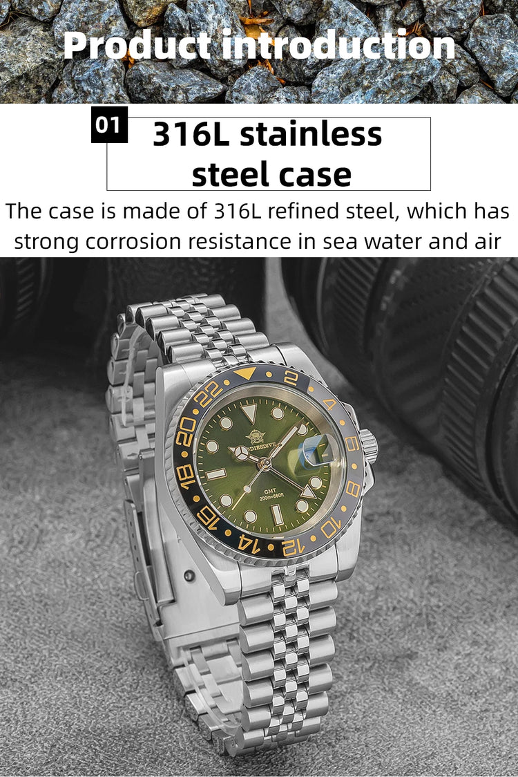 ADDIESDIVE New 40mm Luxury Men Business GMT Watch Swiss Ronda 515-24H Quartz Waterproof 200m Luminous Aluminum Ceramic Bezel