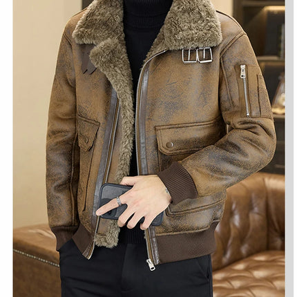 2025 Winter Fur Integrated Leather Jacket Men Thick Velvet Imitation Fur Leather Coat Loose Motorcycle Coat Casual Streetwear