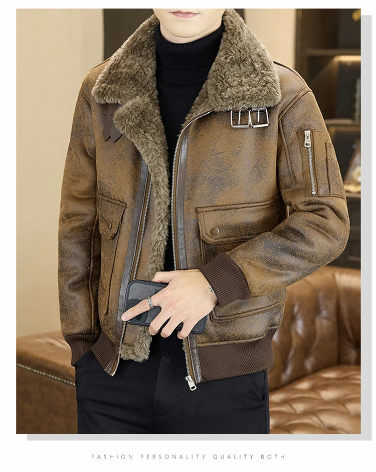 2025 Winter Fur Integrated Leather Jacket Men Thick Velvet Imitation Fur Leather Coat Loose Motorcycle Coat Casual Streetwear
