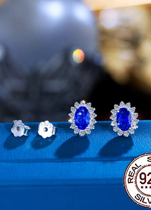 CWWZircons 925 Sterling Silver Vintage Blue CZ Zircon Big Flower Shape Stud Earrings for Women Wedding Party Jewelry Gifts SE109 PlatiNum