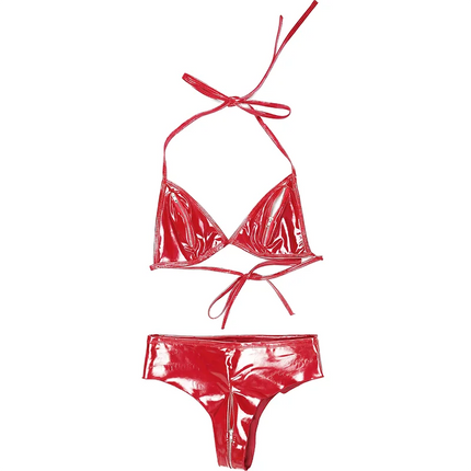 Ftshist Shiny Patent Leather Zipper Bikini Set Interactive Lingerie Separate Snug Fit Pieces for Stage Performance