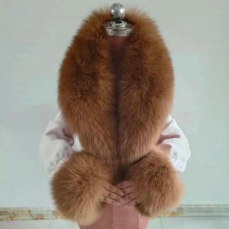 Real Fur Collar And Cuffs Set Winter Coat Accessories Women Fluffy Large Fur Shawl Neak Warm Fox Fur Scarf Furry Scarves Female