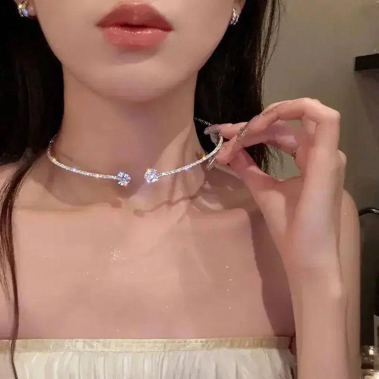 925 Sterling Silver Rhinestone Heart Collar Choker Necklace for Women Simple Open Collar Necklace Torques Jewelry Accessories PlatiNum