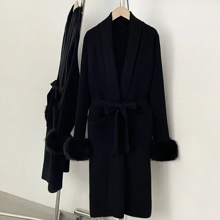 OFTBUY New Winter Long Belted Clothes Outerwear Women Knit Cardigan Real Fox Fur Cuffs Shawl Collar Wrap Knitted Coat Female