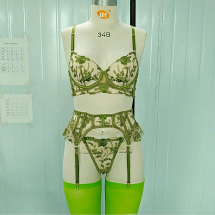 Sexy Lingeries Floral Embroidery Bow Lace Bra Garter Panty Set See Through Sheer Erotic Costumes Woman Underwear 4-piece Sets